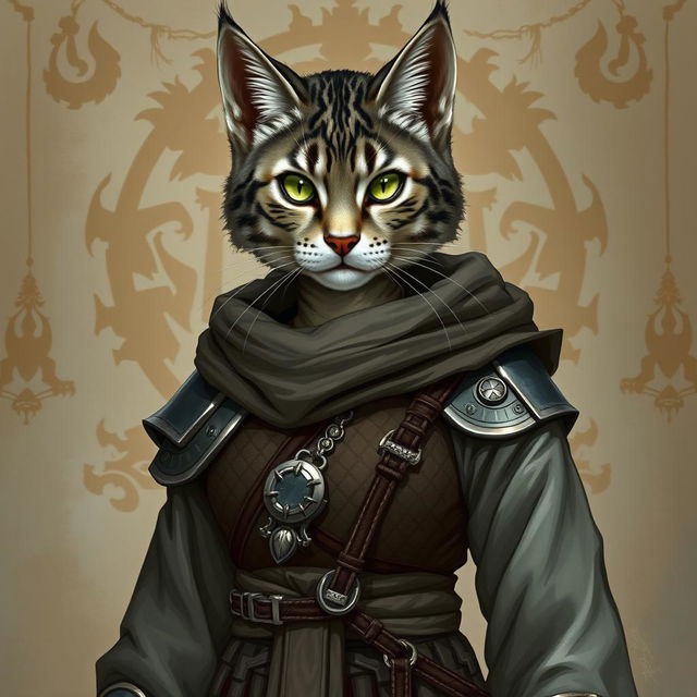 A grey tabby female tabaxi fighter character dressed in elegant robes and light armor, showcasing her fierce yet graceful demeanor