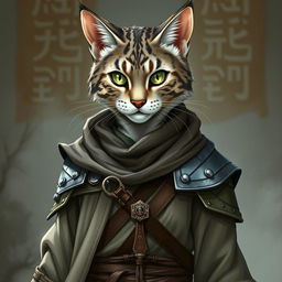 A grey tabby female tabaxi fighter character dressed in elegant robes and light armor, showcasing her fierce yet graceful demeanor