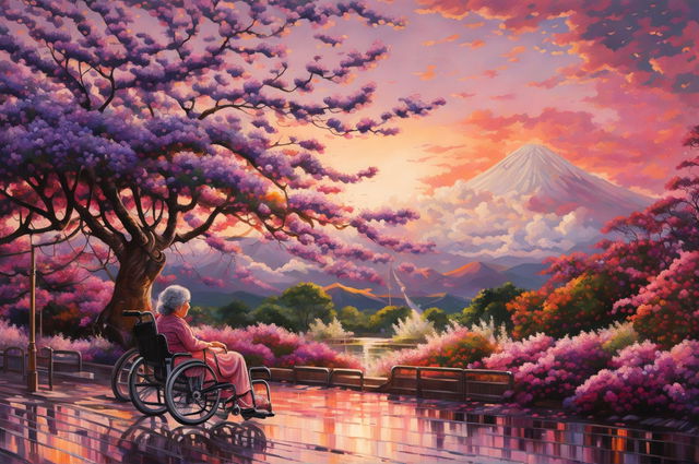 An impressionistic painting of Arakurayama Sengen Park at sunset, featuring a brilliant sky, a blooming jacaranda tree, and a nice old woman in a wheelchair