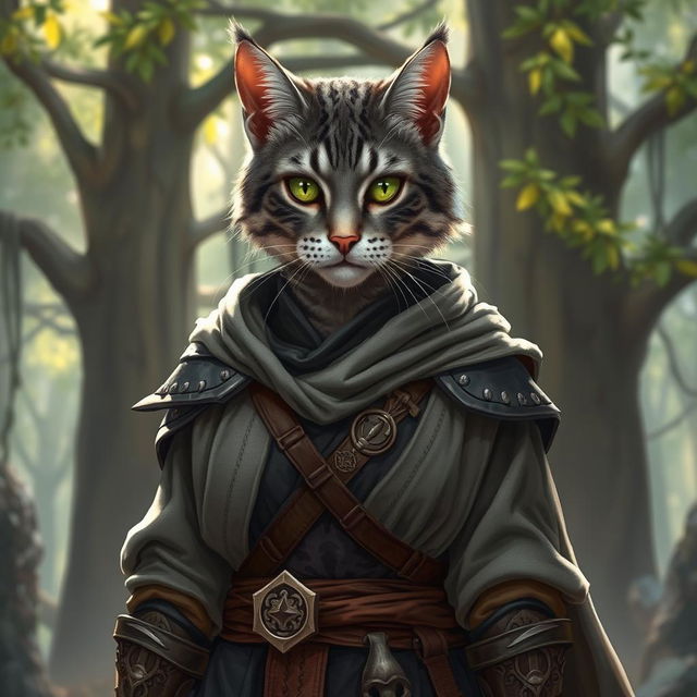 A fierce grey tabby female tabaxi fighter stands confidently in a stylish mix of robes and light armor