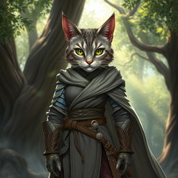 A fierce grey tabby female tabaxi fighter stands confidently in a stylish mix of robes and light armor