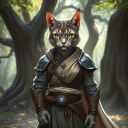 A fierce grey tabby female tabaxi fighter stands confidently in a stylish mix of robes and light armor