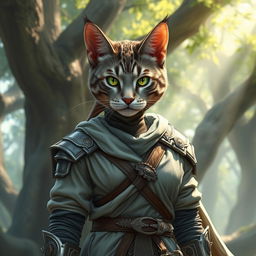 A fierce grey tabby female tabaxi fighter stands confidently in a stylish mix of robes and light armor