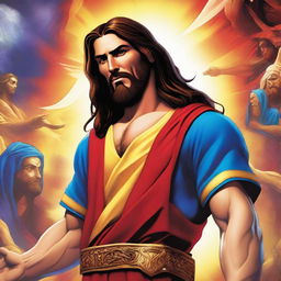 This digital art image reimagines Jesus Christ as a Capcom video game character, featuring bold, exaggerated features, vibrant colors, and a dynamic, action-oriented pose