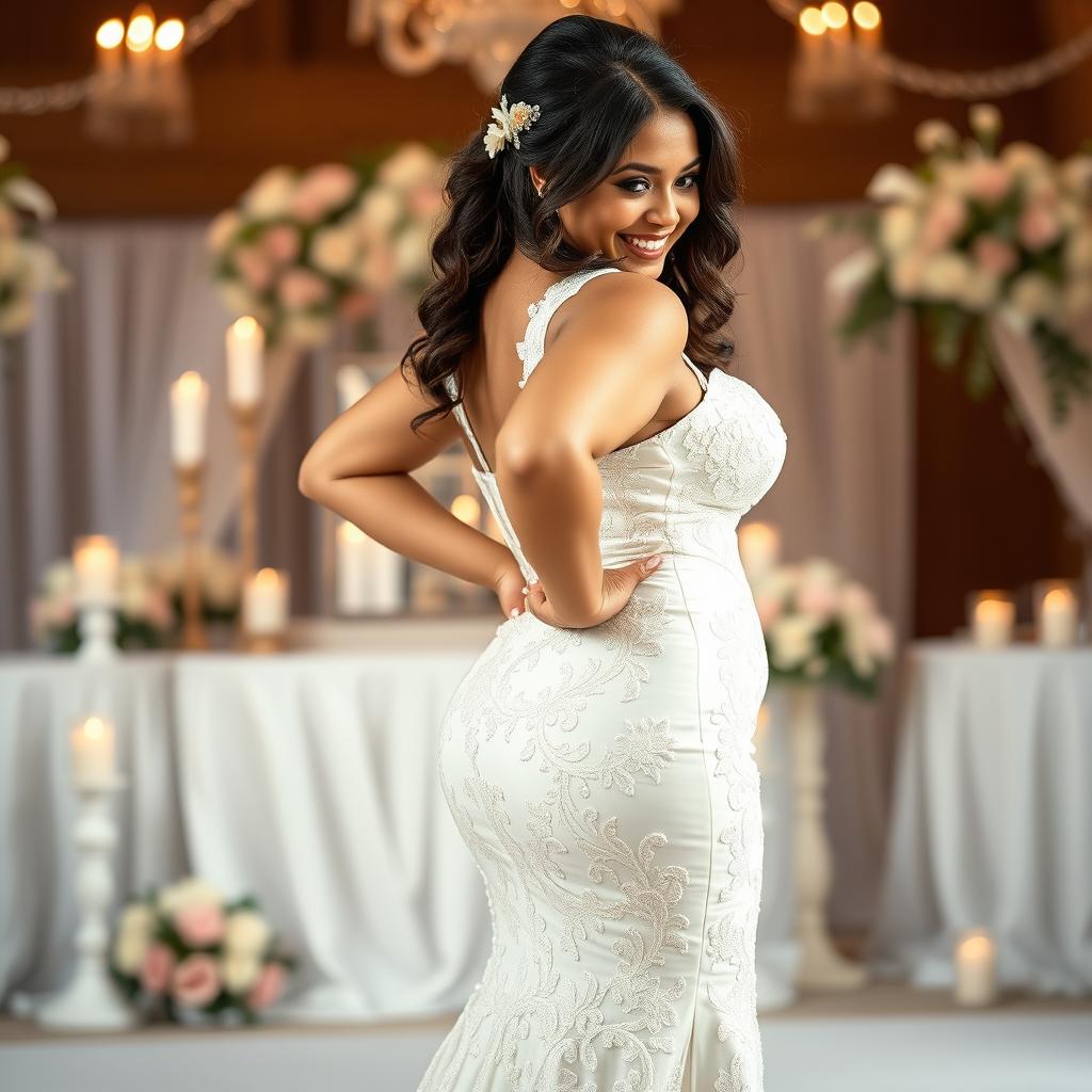 A sexy bride showcasing her stunning wedding gown that accentuates her big booty and voluptuous figure