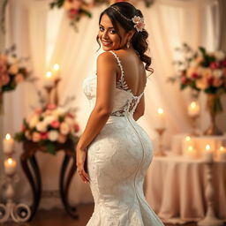 A sexy bride showcasing her stunning wedding gown that accentuates her big booty and voluptuous figure