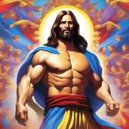 This digital art image reimagines Jesus Christ as a Capcom video game character, featuring bold, exaggerated features, vibrant colors, and a dynamic, action-oriented pose