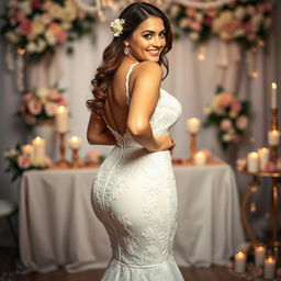 A sexy bride showcasing her stunning wedding gown that accentuates her big booty and voluptuous figure