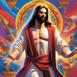 This digital art image reimagines Jesus Christ as a Capcom video game character, featuring bold, exaggerated features, vibrant colors, and a dynamic, action-oriented pose