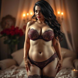A stunningly attractive curvy woman in seductive lingerie, emphasizing her ample bosom and captivating figure, with intricate details on her lace panties