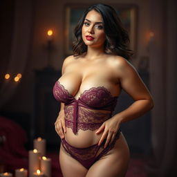 A stunningly attractive curvy woman in seductive lingerie, emphasizing her ample bosom and captivating figure, with intricate details on her lace panties