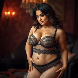 A stunningly attractive curvy woman in seductive lingerie, emphasizing her ample bosom and captivating figure, with intricate details on her lace panties