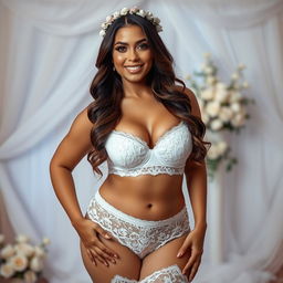 A sexy big booty bride posing confidently in a stunning bridal setting, wearing only an elegant white lace bra and matching panties that perfectly accentuate her voluptuous figure