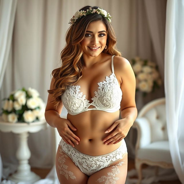 A sexy big booty bride posing confidently in a stunning bridal setting, wearing only an elegant white lace bra and matching panties that perfectly accentuate her voluptuous figure