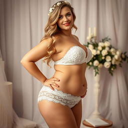 A sexy big booty bride posing confidently in a stunning bridal setting, wearing only an elegant white lace bra and matching panties that perfectly accentuate her voluptuous figure