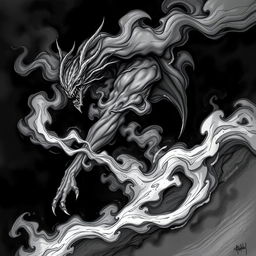 A dark Dungeons & Dragons illustration of a demon taking the form of a swirling cloud of black smoke