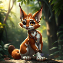 A brown and white tabaxi, a feline humanoid character, elegantly posed with a charming expression, showcasing fur with a mix of rich brown and bright white patches