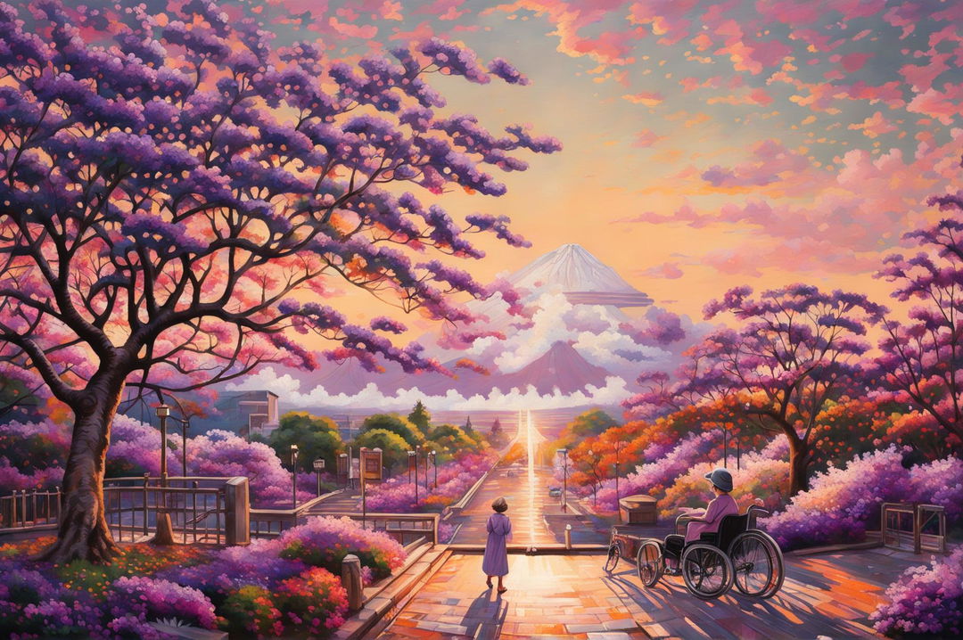 A wide-angle, ultra-detailed, high-definition impressionistic painting of Arakurayama Sengen Park at sunset, featuring a brilliant sky, a blooming jacaranda tree, Mount Fuji, and a nice old woman in a wheelchair