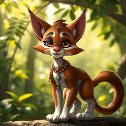 A brown and white tabaxi, a feline humanoid character, elegantly posed with a charming expression, showcasing fur with a mix of rich brown and bright white patches