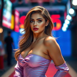 A beautiful and alluring woman exuding confidence and charm, showcasing her captivating features and a stunning outfit that highlights her figure
