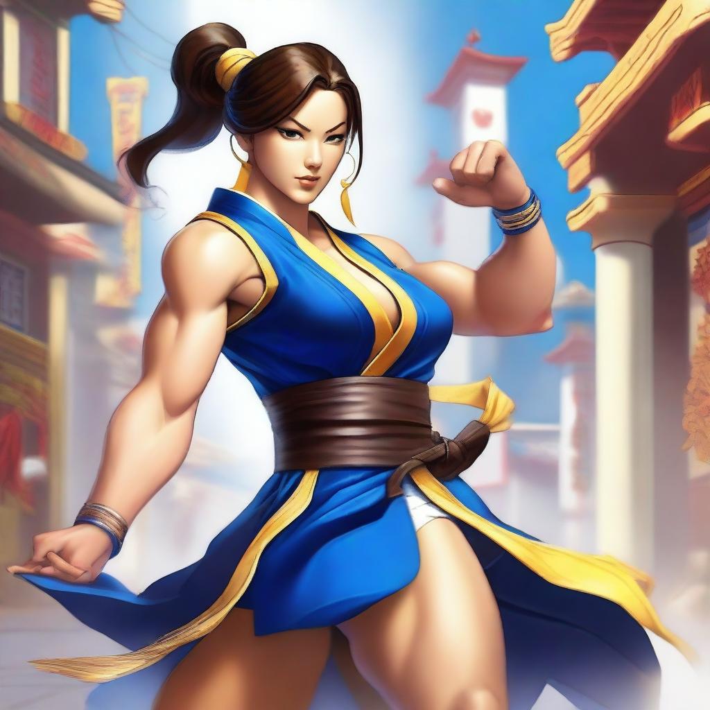 This high-definition digital art piece reimagines Jesus Christ as Chun-Li from the Street Fighter series, featuring a dynamic fighting stance, Chun-Li's distinctive outfit, and a Street Fighter stage background