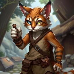 A brown and white tabby tabaxi with a striking appearance, missing his left eye, showcasing a determined expression