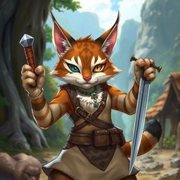 A brown and white tabby tabaxi with a striking appearance, missing his left eye, showcasing a determined expression
