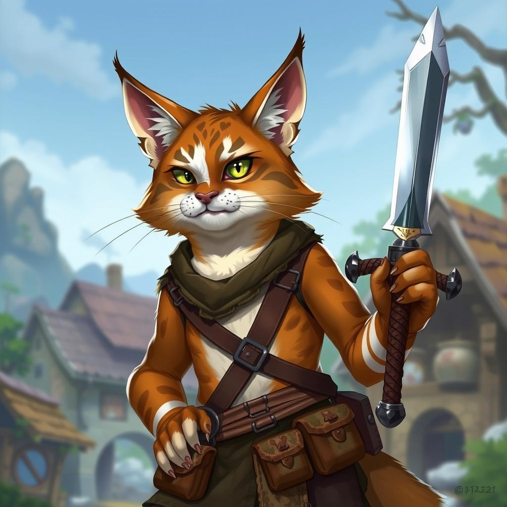 A brown and white tabby tabaxi with a striking appearance, missing his left eye, showcasing a determined expression