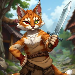 A brown and white tabby tabaxi with a striking appearance, missing his left eye, showcasing a determined expression