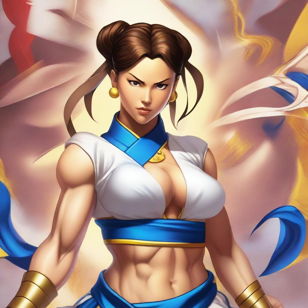 This high-definition digital art piece reimagines Jesus Christ as Chun-Li from the Street Fighter series, featuring a dynamic fighting stance, Chun-Li's distinctive outfit, and a Street Fighter stage background