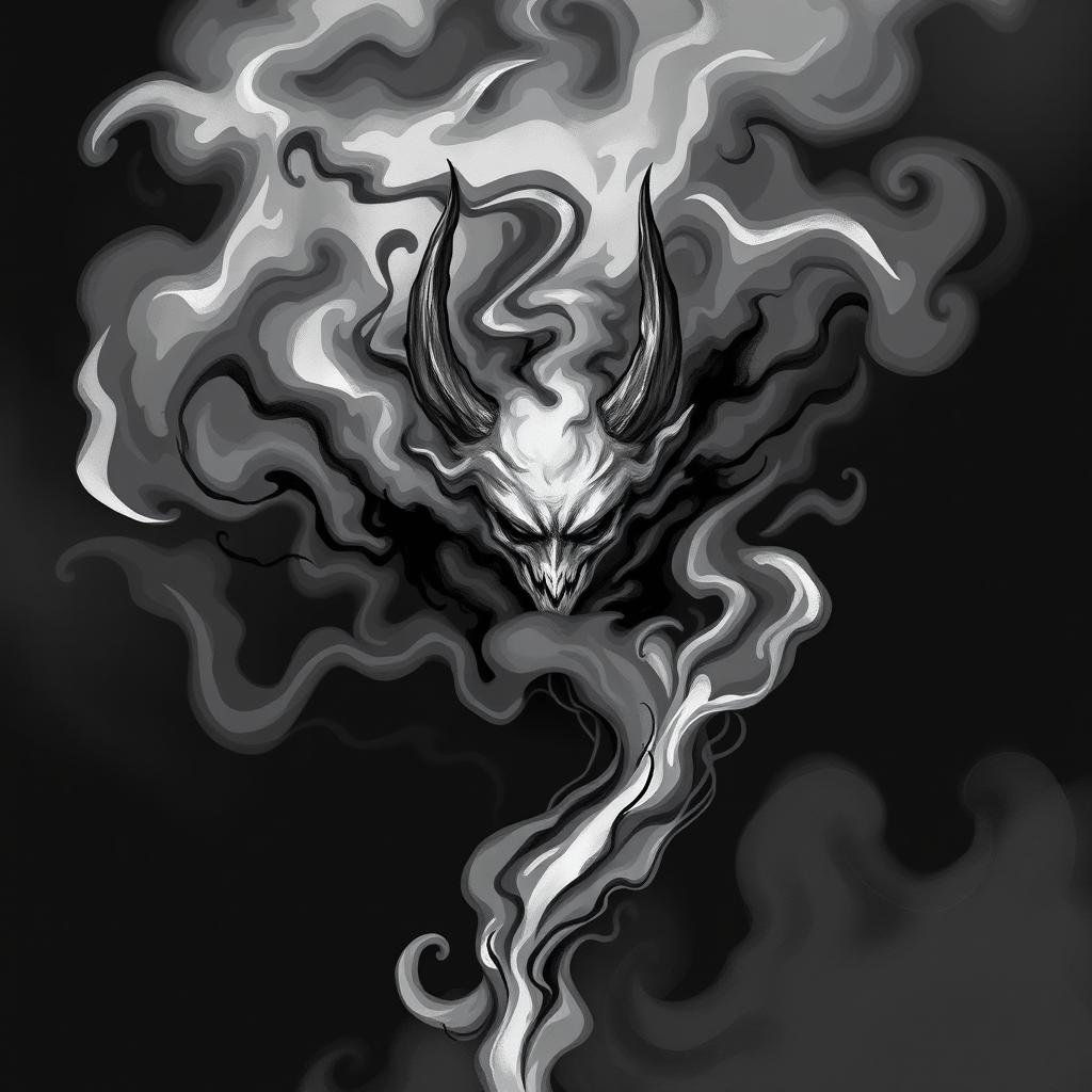 An ominous faceless demon manifesting as a swirling cloud of black smoke, captivating and intimidating