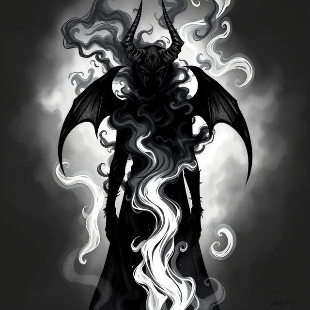 An ominous faceless demon manifesting as a swirling cloud of black smoke, captivating and intimidating