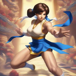 This high-definition digital art piece reimagines Jesus Christ as Chun-Li from the Street Fighter series, featuring a dynamic fighting stance, Chun-Li's distinctive outfit, and a Street Fighter stage background