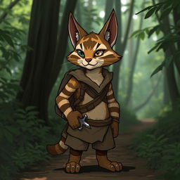 A brown and white striped tabaxi, anthropomorphic cat-like creature, missing his left eye, exuding a mysterious yet adventurous aura