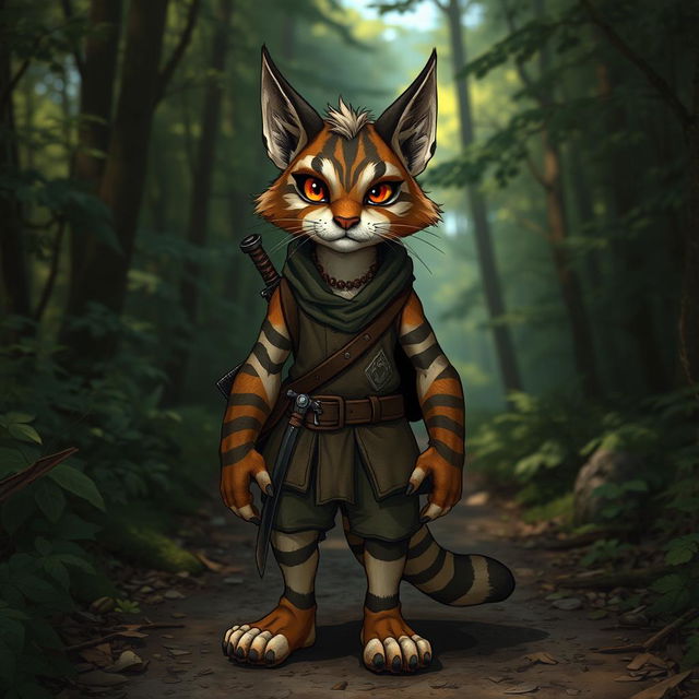 A brown and white striped tabaxi, anthropomorphic cat-like creature, missing his left eye, exuding a mysterious yet adventurous aura