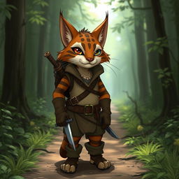 A brown and white striped tabaxi, anthropomorphic cat-like creature, missing his left eye, exuding a mysterious yet adventurous aura