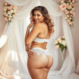 A confident and sexy bride showcasing her beautiful curves in a stunning bridal bra and panty set