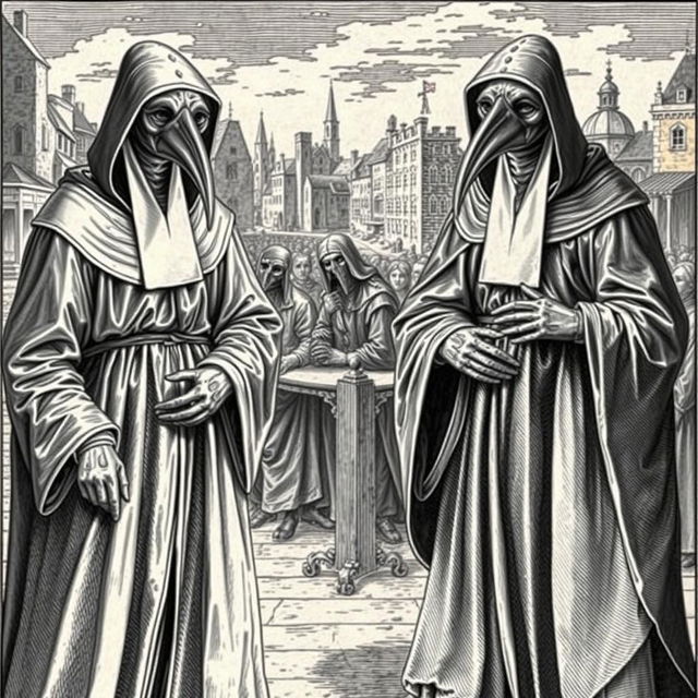 A collection of historical engravings depicting plague doctors in intricate detail