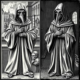 A collection of historical engravings depicting plague doctors in intricate detail