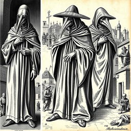 A collection of historical engravings depicting plague doctors in intricate detail