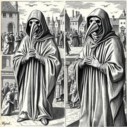 A collection of historical engravings depicting plague doctors in intricate detail