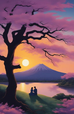 An ultra-detailed, impressionistic painting of Arakurayama Sengen Park at sunset, featuring a brilliant sky, a blooming jacaranda tree, and the silhouette of Mt