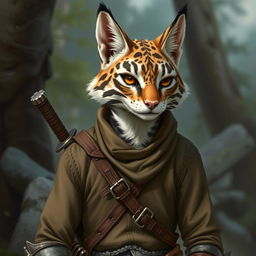 A realistic depiction of a brown and white striped tabaxi, elegantly humanoid yet feline in nature
