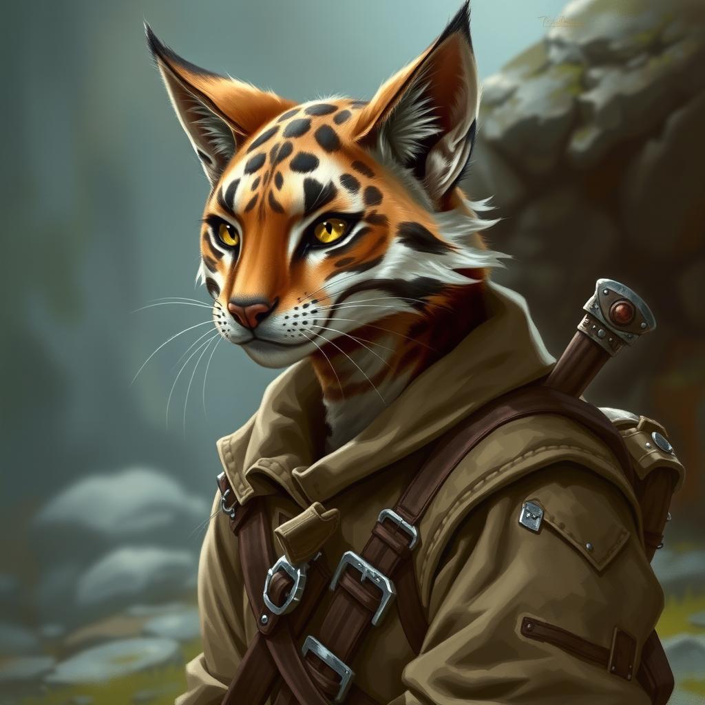 A realistic depiction of a brown and white striped tabaxi, elegantly humanoid yet feline in nature