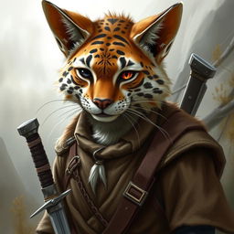 A realistic depiction of a brown and white striped tabaxi, elegantly humanoid yet feline in nature