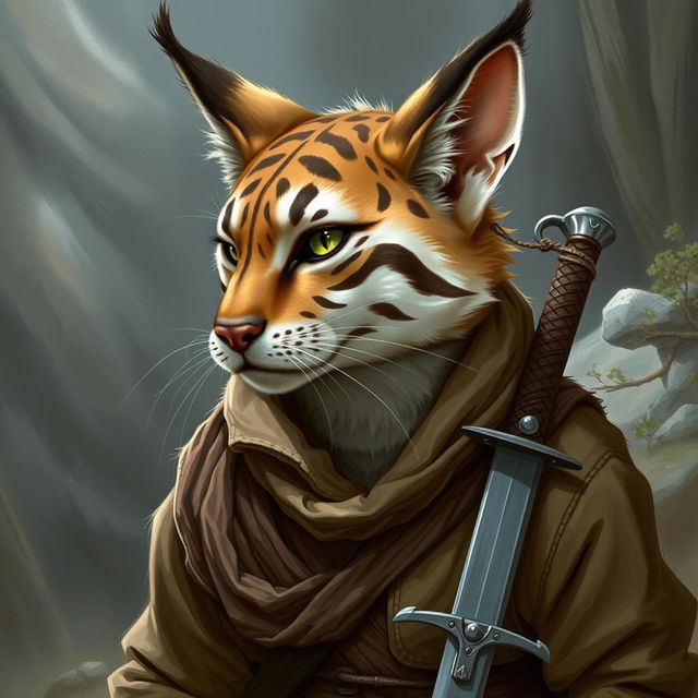 A realistic depiction of a brown and white striped tabaxi, elegantly humanoid yet feline in nature