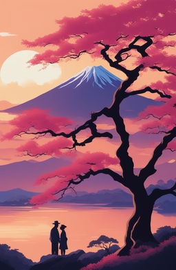 An ultra-detailed, impressionistic painting of Arakurayama Sengen Park at sunset, featuring a brilliant sky, a blooming jacaranda tree, and the silhouette of Mt