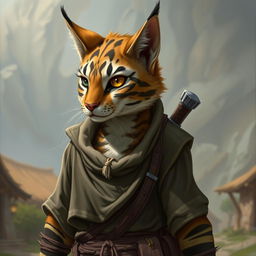 A realistic depiction of a brown and white striped tabaxi, a cat-like humanoid character from fantasy lore, with a distinct feature of missing his left eye