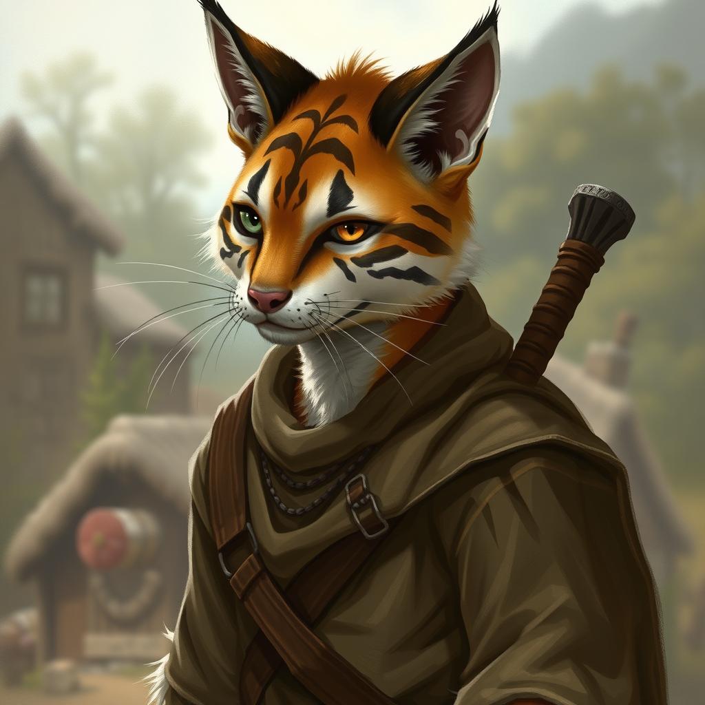 A realistic depiction of a brown and white striped tabaxi, a cat-like humanoid character from fantasy lore, with a distinct feature of missing his left eye