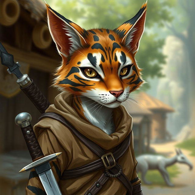 A realistic depiction of a brown and white striped tabaxi, a cat-like humanoid character from fantasy lore, with a distinct feature of missing his left eye